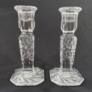 American Brilliant Crystal Star Pattern Candlesticks Pair 5.75"‎ Tall RARE